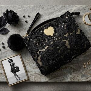 Betsey Johnson Black Rose Floral Wristlet Clutch